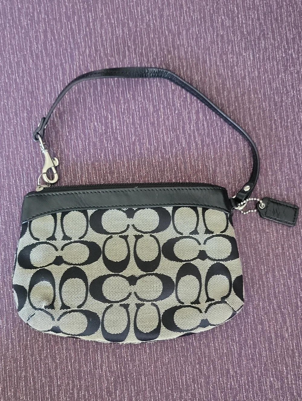 Coach Black & Gray Signature Canvas Wristlet with Leather Trim